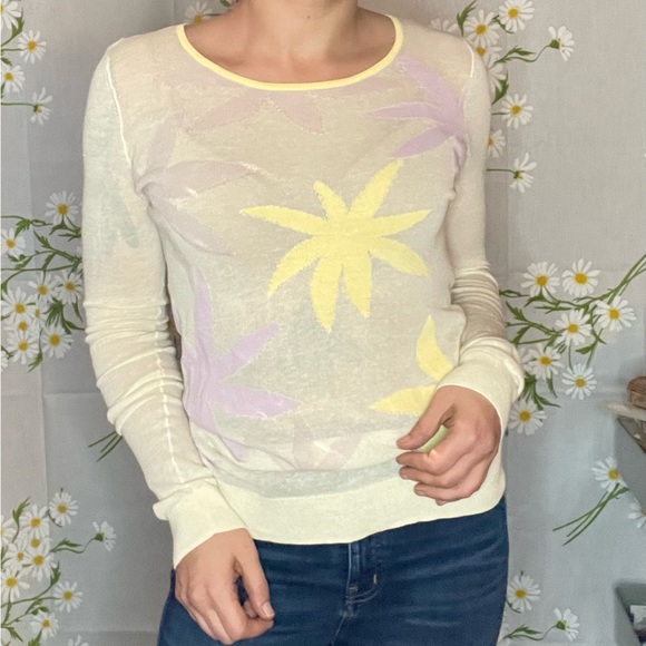 Anthropologie hinge pastel yellow abstract floral sheer knit long sleeve T-shirt - Picture 2 of 8
